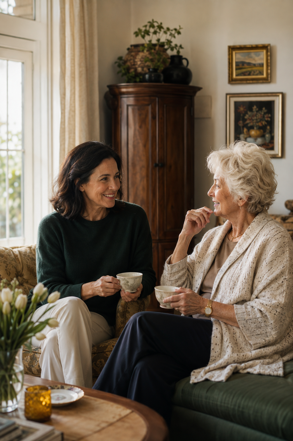An adult daughter sharing a relaxed moment with her older mother at home